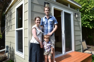 Erin Evans, Kevin Goodier and their son Idris, 2, love their new 10' by 12' Modern-Shed home office.