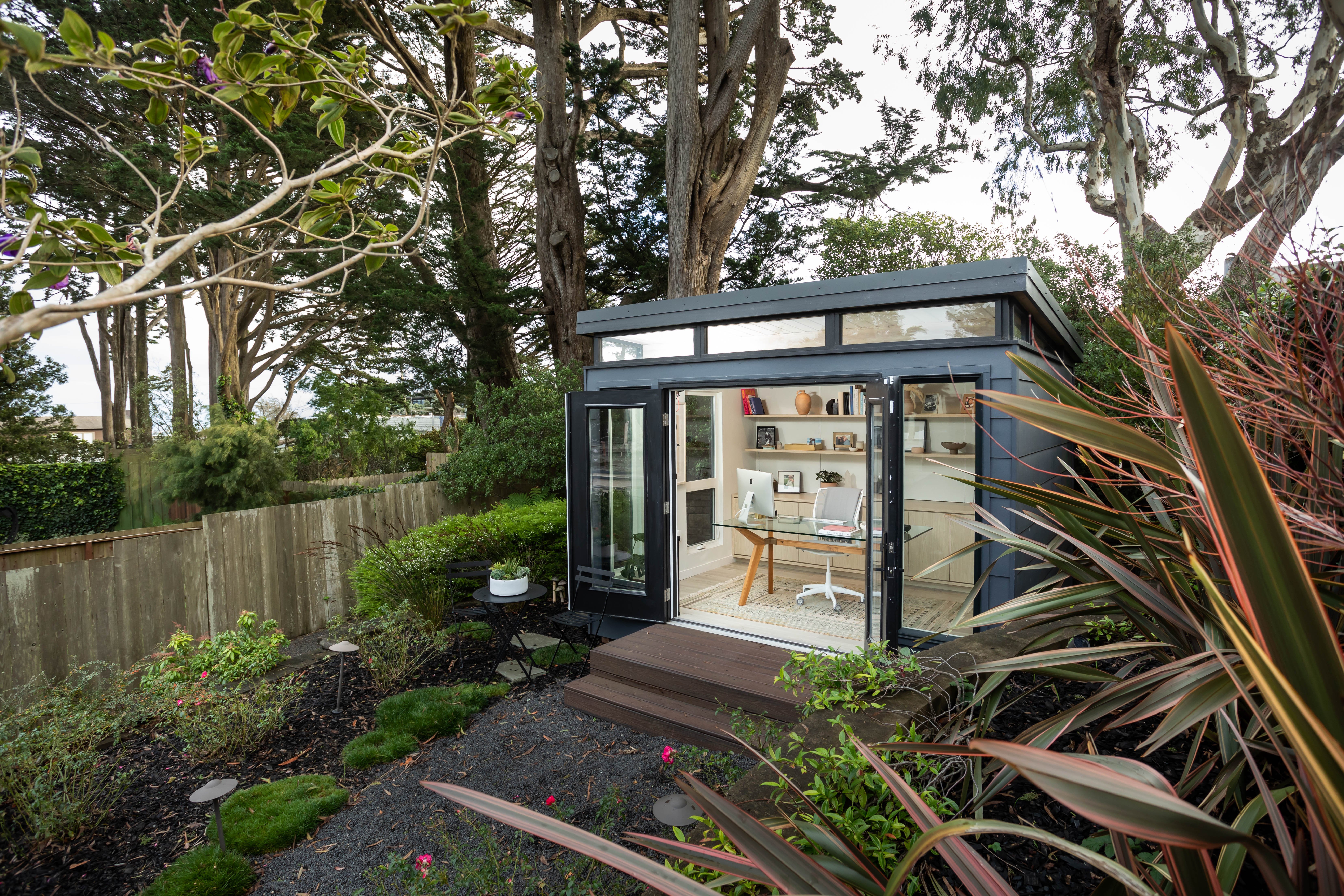 an office shed with open french doors