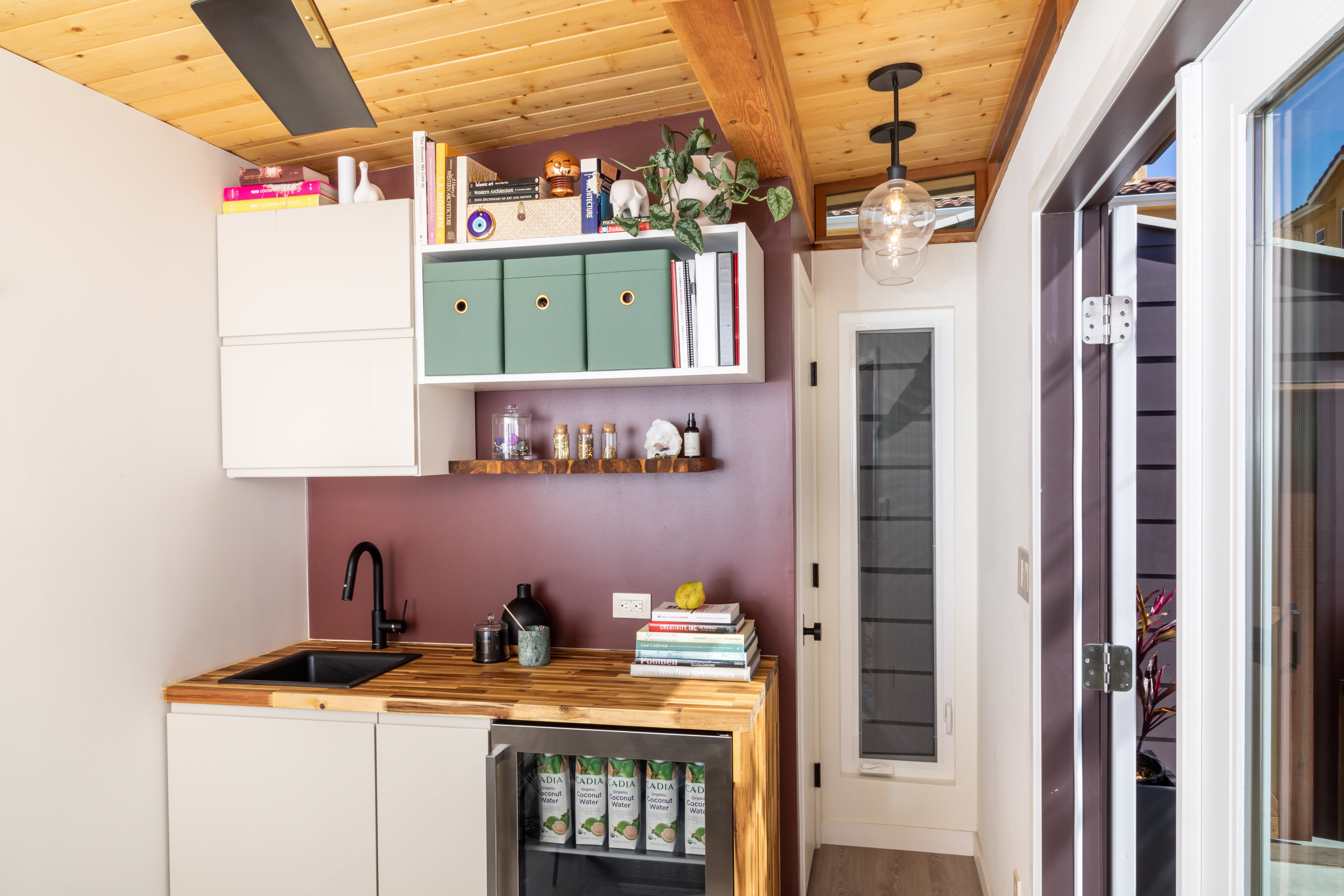 a kitchenette in an office shed