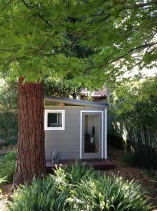 The Irwin and Mark Modern-Shed nestles nicely in their backyard.