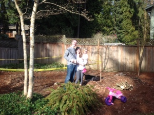 The Combs family awaits one of their new Modern-Sheds on Day No. 1 of construction. The entire process took less than two weeks.