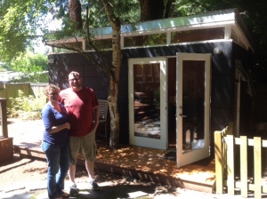 Cory, pregnant here in 2014 with the couple's second child, and Jeremy decided to build a second shed for Jeremy to use for computer work and as a guys' space. 