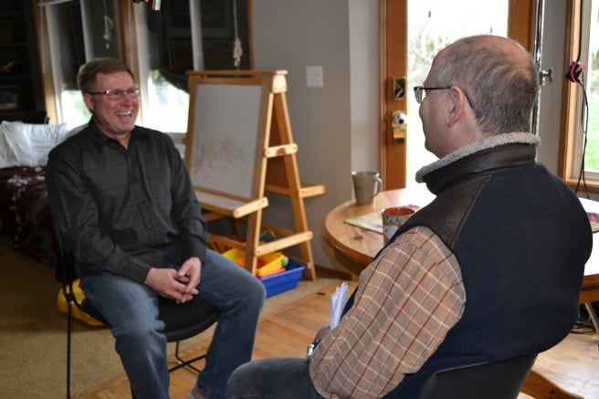 Modern-Shed general manager Tim Vack, at left, is being interviewed by msnbc producer Frank Silverstein.