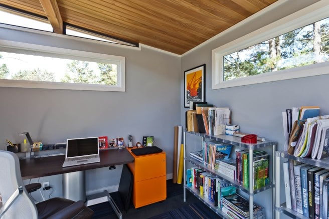 A Modern-Shed home office interior, located in a customer's backyard.