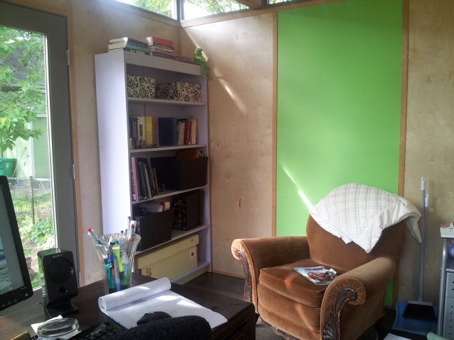 This Modern-Shed client chose this pop of green inside her shed to represent the leaves of her favorite flower.